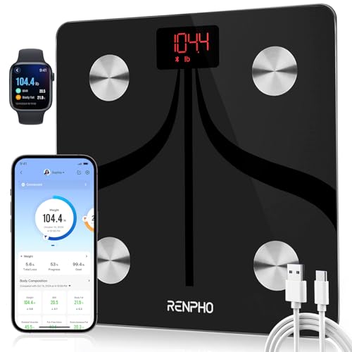 RENPHO Smart Scale for Body Weight, USB-C Rechargeable Digital Bathroom Scale, Electronic 13 Body Composition Monitor with Smartphone App, 396 lbs, Black, Elis 1 (11 inch)