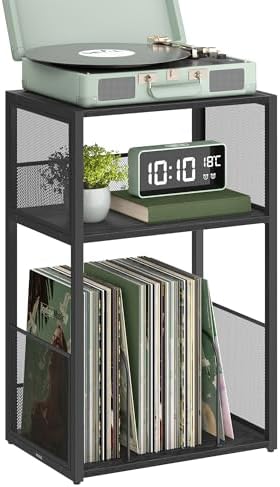 VASAGLE Record Player Stand, 3-Tier Side Table, Vinyl Record Storage up to 100 Albums, End Table for Living Room, Bedroom, Ebony Black ULET275B01