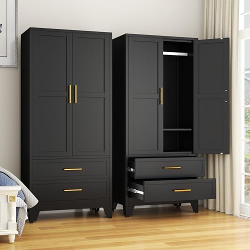 Steel Armoire Wardrobe Closet, 71" Metal Clothing Storage Cabinets with 2 Doors, 1 Adjustable Shelf and 2 Drawers, Metal Wardrobe Cabinet with Hanging Rod for Bedroom, Gym, Cloak Room (Black)