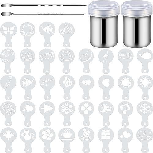 72 Pieces Coffee Decoration Stencils Latte Art Template Coffee Mold Tool with 2 Latte Art Pen 2 Dusting Jars Mesh Powder Shaker for Cake Cookie Decorating Oatmeal Cappuccino Hot Chocolate