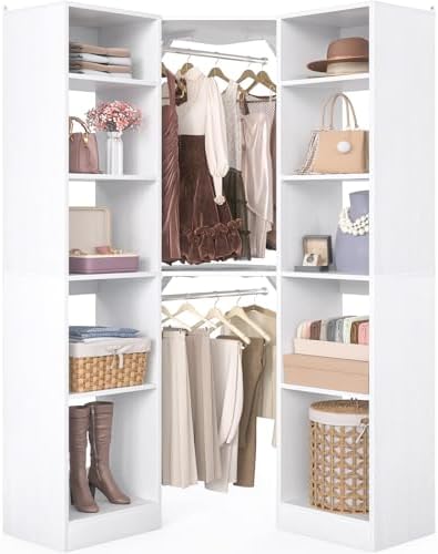 Corner Closet System with 12 Shelves, 39.2" Corner Closet Organizer System with 2 Hanging Rods, Versatile 6-Tier Walk-in Closets for Corner Space, White (39.2" L x 39.2" W x 80" H)