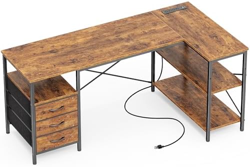Huuger L Shaped Office Desk with Power Outlets, 55 Inch Computer Desk with 3 Drawers, Shelves, Reverisble for Gaming Corner Work Home Office Study, Rustic Brown