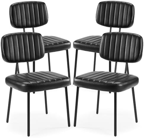 Sweetcrispy Dining Chairs Set of 4, Upholstered Mid Century Modern Kitchen Dining Room Accent Chairs with Faux Leather Cushion Seat & Metal Legs for Kitchen, Living Room - Black