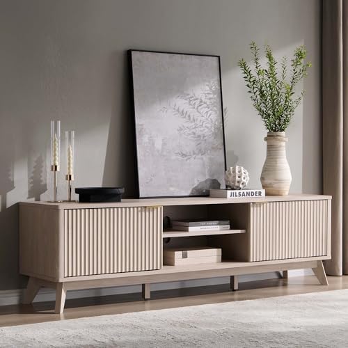 OKD 70" Mid Century Modern Fluted TV Stand, Entertainment Center, Sideboard, Media Console for Living Room with 2 Soft Close Door/Adjustable Shelves (Alder White)