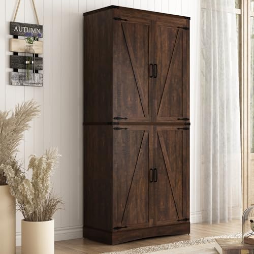 71" Tall Kitchen Pantry,Farmhouse Storage Cabinet with Adjustable Shelves,Load-Bearing Steel Pipe,Farmhouse Pantry Cabinet with 4 Barn Doors, for Kitchen,Dining Room,Living Room(Brown)