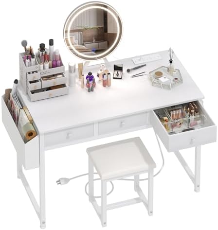 Lufeiya White Makeup Vanity Desk with Mirror and Lights, 40 inch Make Up Vanity Desks with Fabric Drawers & Power Outlet, Dressing Table and Chair Set for Girls Bedroom, White
