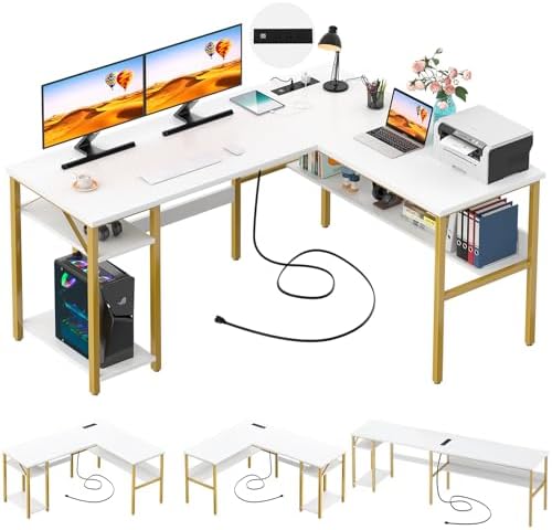 Unikito Reversible L Shaped Desk with Magic Power Outlets and USB Charging Ports, Sturdy Corner Computer Desk with Storage Shelves, Gaming Table Home Office Desk, Easy to Assemble, White and Gold