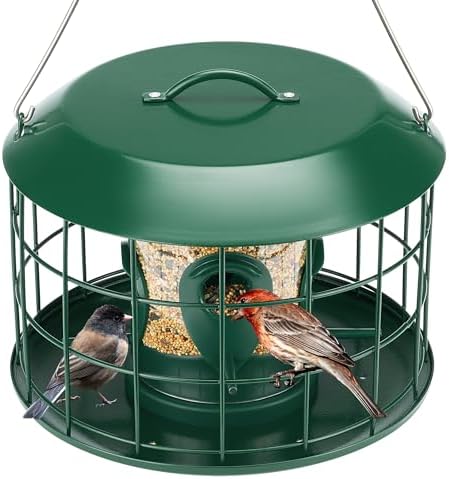 Kingsyard Squirrel Proof Bird Feeders for Small Birds, Mesh Caged Bird Feeder with Seed Tray for Outside, Rain Proof Covered Tube with Perches for Finches Bluebird, Green