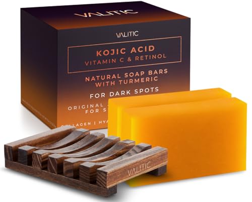 VALITIC Kojic Acid Vitamin C and Retinol Soap Bars with Turmeric for Dark Spot - Original Japanese Complex with Collagen, Hyaluronic Acid, Vitamin E (2-Pack) - with Soap Holder