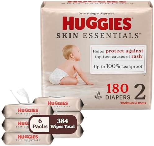 Bundle of Huggies Size 2 Diapers, Skin Essentials Baby Diapers, Size 2 (12-18 lbs), 180 Count (3 Packs of 60) + Huggies Skin Essentials Baby Wipes, 99% Water, 6 Flip Top Packs (336 Wipes Total)