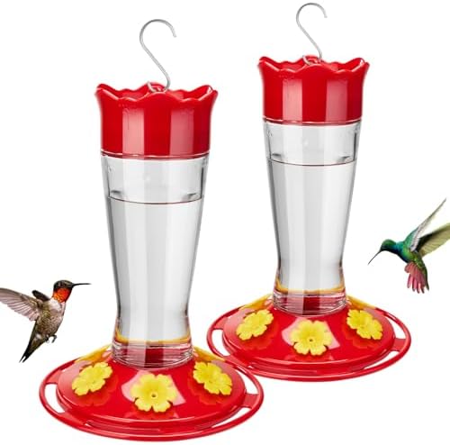 Kingsyard 2 Pack Glass Hummingbird Feeder for Outdoors Hanging - 6 Bee Guard Feeding Ports & Built-in Ant Moat, Wild Bird Feeder for Outside Garden Yard Patio 14 Oz, Updated Red