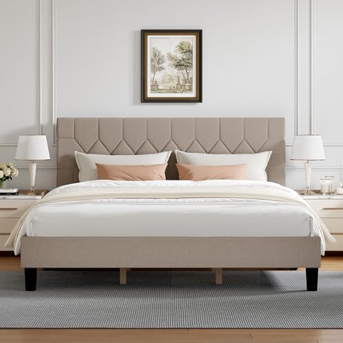 Novilla King Size Bed Frame, King Bed Frame and Headboard, Linen Upholstered Pull-Point Bed Frames, No Box Spring Needed, Heavy Duty Feet, Easy Assembly, Beige