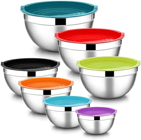 E-far Stainless Steel Mixing Bowls with Lids, 7-Piece Metal Nesting Bowls with Colorful Airtight Lids for Saving Storage Space, Size 7, 4.6, 3, 2, 1.5, 1, 0.7QT, Great for Baking/Cooking/Prepping