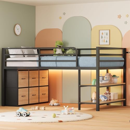 ADORNEVE Low Loft Bed with 6 Storage Drawers, Twin Loft Bed with LED Lights, Metal Loft Bed Twin Size with Open Storage Shelves, Twin Bed Frame with 15" H Safety Guard Rail for Kids, Natural