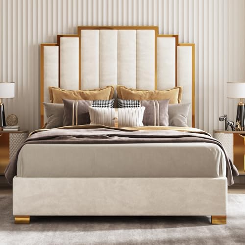 AMERLIFE Queen Size Upholstered Bed, Modern Velvet Bed Frame with 61.4” Tall Gold Trim Headboard, No Box Spring Needed, Cream
