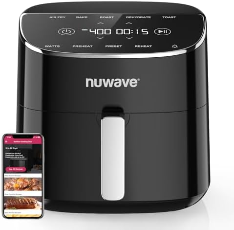 Nuwave Brio Plus Air Fryer 8 Qt, New & Improved, PFAS-FREE, 7 Digital One-Touch Cook Functions that AIR FRY, BAKE, ROAST, DEHYDRATE, TOAST, REHEAT, PREHEAT, 150 Presets, 50Β°F~400Β°F, 700/1500/1800W