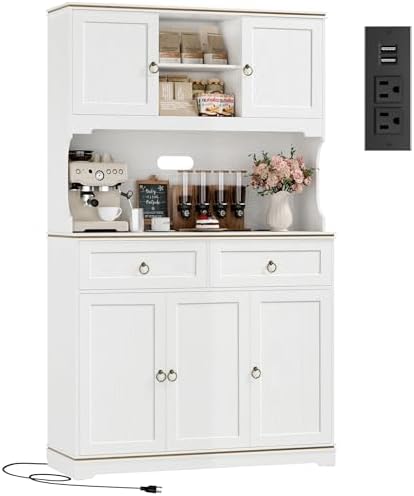HOSTACK Large Kitchen Pantry Cabinet with Charging Station, 71" Kitchen Hutch Cabinet with Storage Drawers and Countertop, Farmhouse Food Pantry with Microwave Stand for Dining Living Room, White