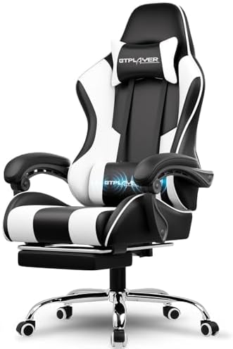 GTPLAYER Gaming Chair, Computer Chair with Footrest and Lumbar Support, Height Adjustable Game Chair with 360Β°-Swivel Seat and Headrest and for Office or Gaming (White)