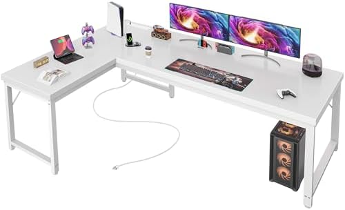 Huuger 63 Inch L Shaped Desk with Power Outlets and USB-C Port, Reversible Computer, Larger Office Corner Gaming Desk, 0.95 Inch Thicker Desktop, Metal Frame, for Home Office, Study, White