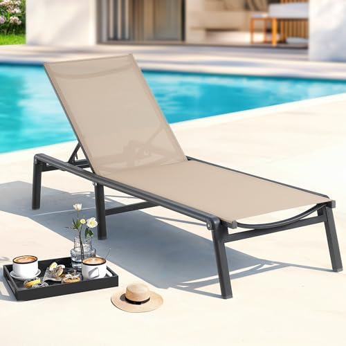 Aluminum Chaise Lounge Chair Outdoor, Foldable & Assembly Free Outdoor Lounge Chair with 5 Position Adjustable Backrest, Patio Pool Lounge Chairs for Outside Poolside Beach Lawn, 1PC, Khaki