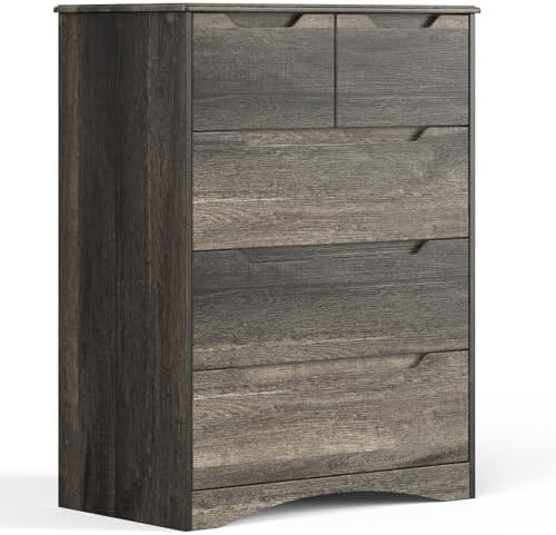 Gizoon 5 Drawers Chest, Dark Brown Dresser for Bedroom with Large Storage Capacity, Chest of Drawers with Embedded Handle, Sturdy Anti-Tripping Device for Hallway, Office, Living Room