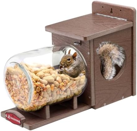 Kingsyard Recycled Plastic Squirrel Feeder for Outside, Squirrel Feeder Box with Peanuts Corn Storage Jar, Sturdy & Durable, Weatherproof (Brown)