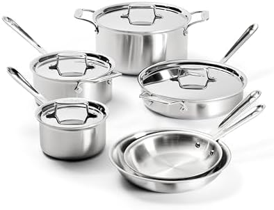 All-Clad D5 Brushed 5 Ply Stainless Steel Cookware Set 10 Piece w/ Frying Pans, Pots and Pans Set, Induction, Oven Broiler Safe 600F, Silver