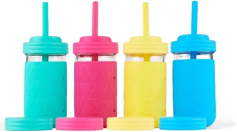 Elk and Friends Kids & Toddler Drinking Cups | Original Glass Mason Jar 12 oz with Silicone Sleeves + Straws | Smoothie Drinks | Spill Proof