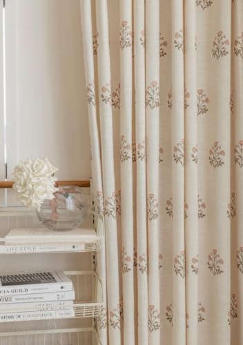 Linen Blend Pinch Pleated Curtains for Living Room, Bedroom, Dining Room - Light Filtering Curtains 2 Panels Set - Luxury and Modern Floral Printed Design - Beige White, 30" W x 108" L