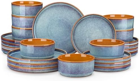 vancasso ONION Ceramic Plates and Bowls Sets, 24 Pieces Blue Dinnerware Sets for Kitchen, Reactive Glaze Dishes Set for 8, Dishwasher and Microwave Safe