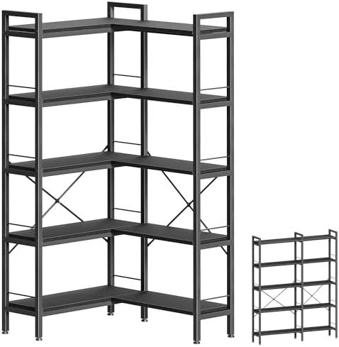 Huuger 5 Tier Bookshelf, L Shaped Corner Bookshelf with 10 Open Shelves, 49.4 Inch Straight Wide Bookcase with Metal Frame and Wooden Board, Adjustable Feet, Black