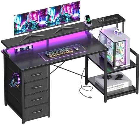 ODK 55 Inch Computer Gaming Desk with Power Outlets & 4 Drawers, Home Office Desk with Monitor Stand & Printer Shelves, Black
