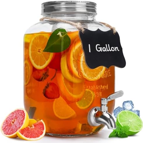 1 Gallon Glass Beverage Dispenser with Lid, Stainless Steel Spigot, Glass Drink Dispensers for Parties, Lemonade Dispenser With Ice Cylinder for Weddings, Party,Sun Tea Jar, Water Juice Dispensers
