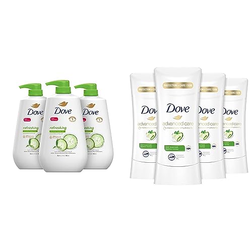 Dove Body Wash with Pump Refreshing Cucumber and Green Tea 3 Count Refreshes Skin Cleanser & Antiperspirant Deodorant with 48 Hour Protection Advance Cool Essentials Deodorant for Women