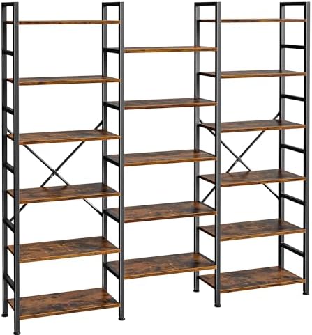 SUPERJARE Triple 6 Tier Bookshelf, Bookcase with 17 Open Display Shelves, Wide Book Shelf Book Case for Home & Office, Rustic Brown