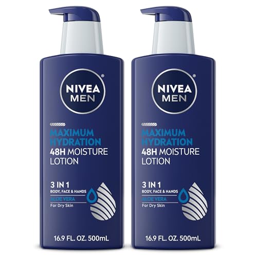Nivea Men Maximum Hydration 48-Hour Moisture Body Lotion for Dry Skin, Aloe Vera Lotion for Men, 3-in-1 Body, Face and Hands, Dermatologically-Tested, 16.9 Fl Oz Bottle (Pack of 2)