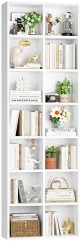 FOTOSOK 71'' White Bookshelf, Double Wide Media Tower Rack CD DVD Rack Display Cabinet with Adjustable Shelves, Tall Narrow Bookcase Bookshelf for Home Office, White