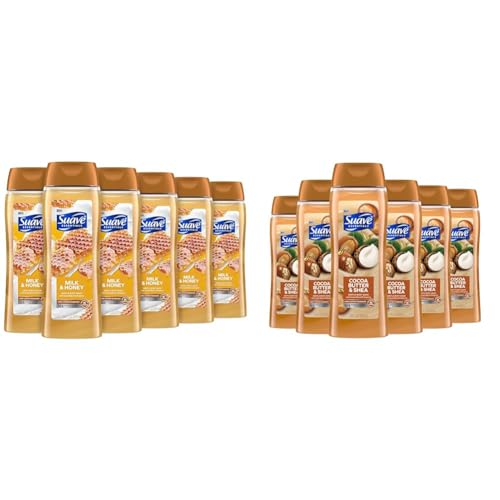 Suave Essentials Body Wash Bundle with Milk & Honey and Cocoa Butter Scents, 18 Oz Packs of 6