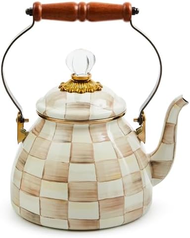 MACKENZIE-CHILDS Enamel Tea Kettle, Stylish Tea Kettle for Stovetop, Brown-and-White Mocha Check, 2 Quarts