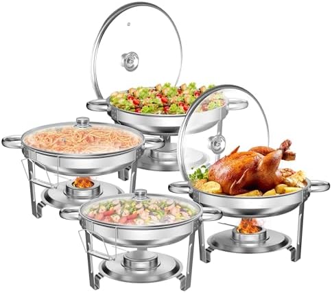 Round Chafing Dishes for Buffet with Glass Lid (5QT, 4 Pack) - 95% Pre-Assembly, Food-Grade Stainless Steel Chafers and Buffet Warmers Sets with Lid Holder, Rolled Edge Design, for Party