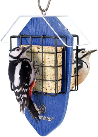 Kingsyard Double Suet Feeder for Outdoors Hanging, Recycled Plastic Tail-Prop Suet Bird Feeders with Rainproof Roof, Great for Woodpecker Chickadee Nuthatch (Blue)