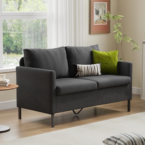 TYBOATLE Linen Fabric Modern Small Loveseat Sofa Couch for Living Room, 51" W Little Upholstered 2-Seater Mini Love Seats w/Iron Legs for Small Space, Apartment, Bedroom, Dorm, Office (Dark Grey)