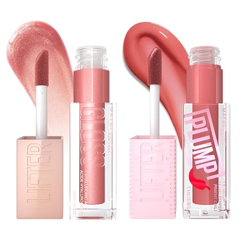 Maybelline Lifter Gloss and Lifter Plump Bundle, Hydrating, Pumping Lip Gloss in Shades Moon and Peach Fever, Pack of 2