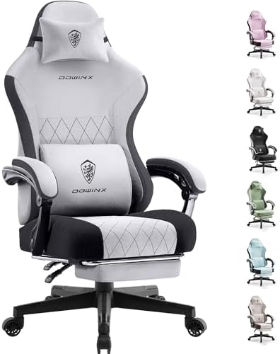 Dowinx Fabric Gaming Chair, Ergonomic Computer Chair with Footrest and Pocket Spring Cushion, Height Adjustable Video Gamer Chair with Lumbar Support for Adults, White Grey