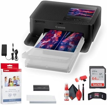 Canon SELPHY CP1500 Compact Photo Printer (Black) (5539C001) KP-36IP Color Ink and Paper Set + 64GB Ultra Memory Card + Cleaning Kit + Memory Card Wallet + Card Reader