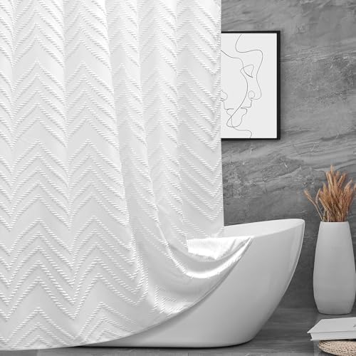 78 inch Shower Curtain Tall Shower Curtain 78 Inches Long White Tufted Chevron Striped Fabric Shower Curtains for Bathroom Modern Shabby Chic Waterproof Cloth Shower Curtains Set with Hooks, White