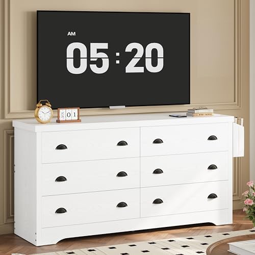 LIKIMIO Dresser for Bedroom 6 Drawer with Charging Station, TV Stand Storage Chest of Drawers for Living Room Hallway Entryway, MDF Board, 59 Inches White