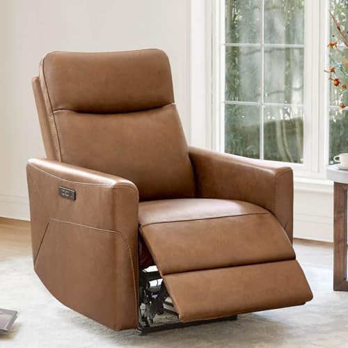 CHITA Genuine Leather Power Recliner Chair for Adults, Electric Wall Hugger Recliner for Small Spaces, Modern Living Room and RV Recliner Chair with Adjustable Power Headrest & Charging Ports, Brown
