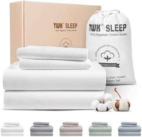 TWK 1200 TC 100% Egyptian Long-Staple Cotton Bedding Sheets Set, Luxury Hotel Style Deep Pocket with Elastic Reinforced Seams Sheet Set, Soft & Comfy Natural Sheets (White, King)
