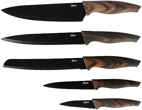 Oster Godfrey 5-Piece Kitchen Cutlery Knife Set w/Black Blade and Wood Look Handle